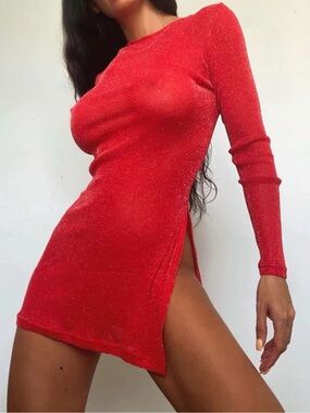 Shimmer Red Long-Sleeve Mini Dress with Side Slit